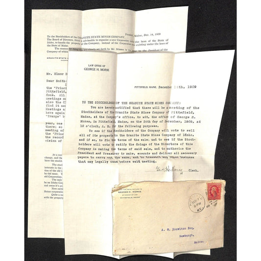 George H. Morse / Granite State Mines 1909 Letterhead re: Stock Knowlton*