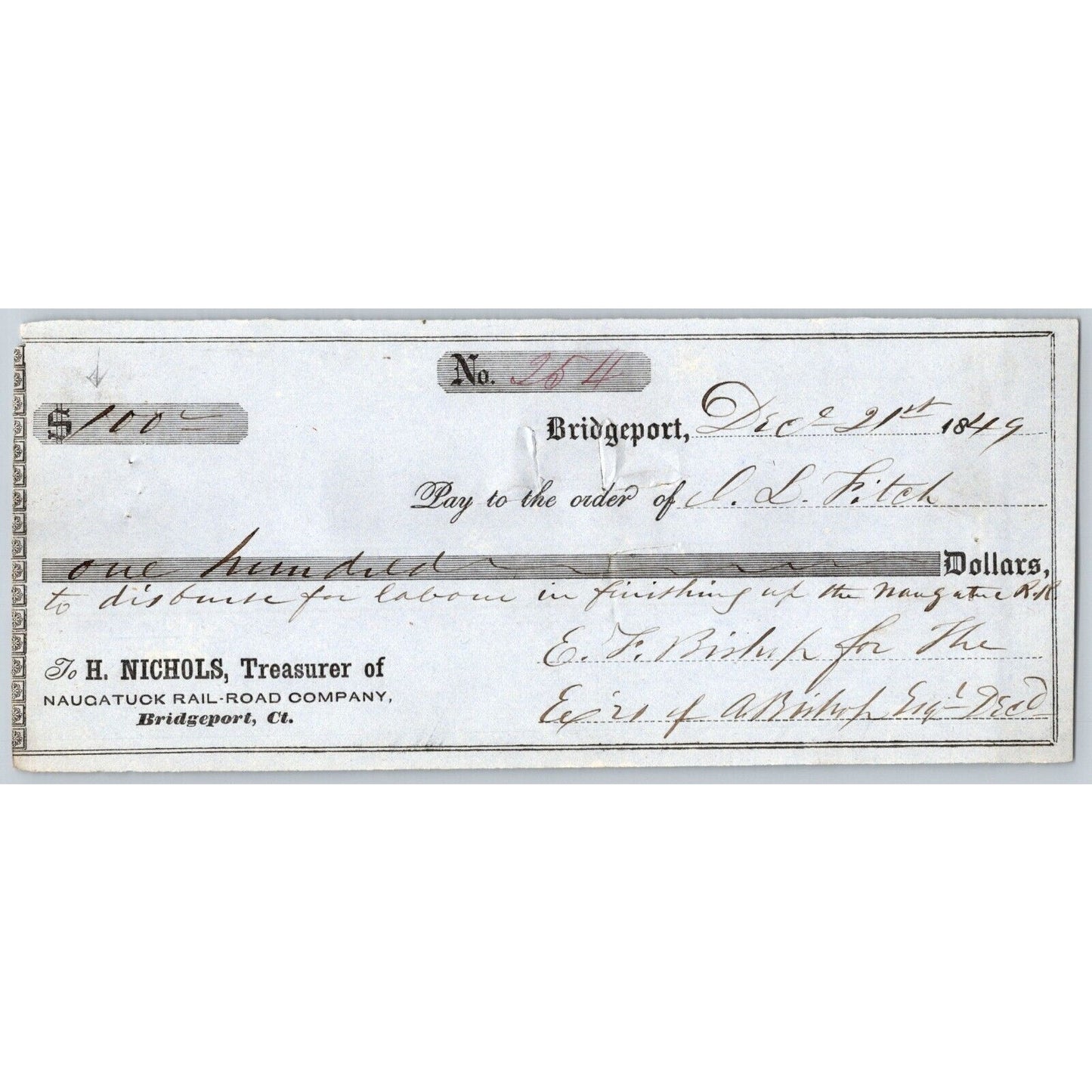 Naugatuck Railroad Co. Bridgeport Connecticut 1849 Check # 254 John L Fitch