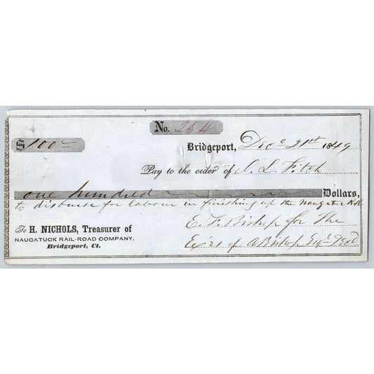Naugatuck Railroad Co. Bridgeport Connecticut 1849 Check # 254 John L Fitch