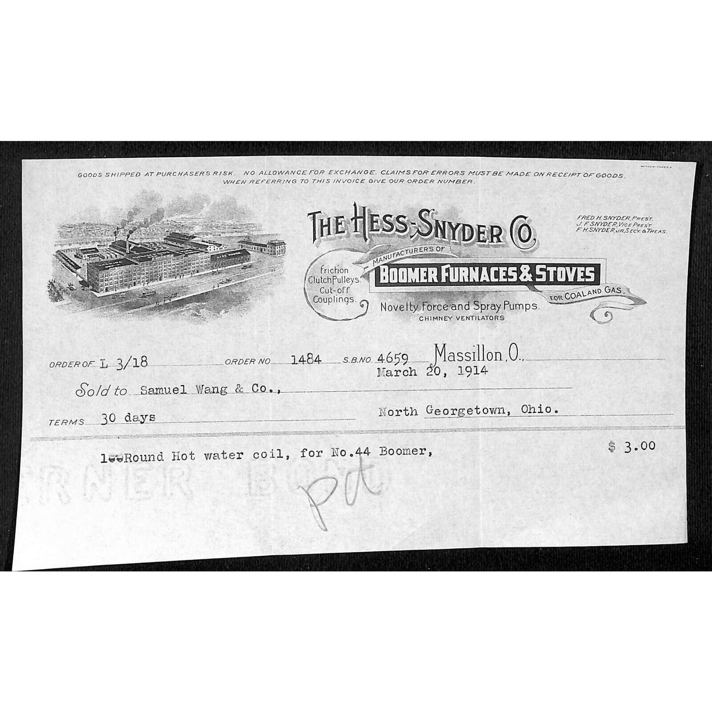 Hess-Snyder Co Boomer Furnaces Massillon Billhead 1914 Samuel Wang* N Georgetown