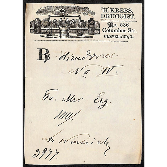 H. Krebs, Druggist Columbus St. Cleveland c1870's* Prescription #3977