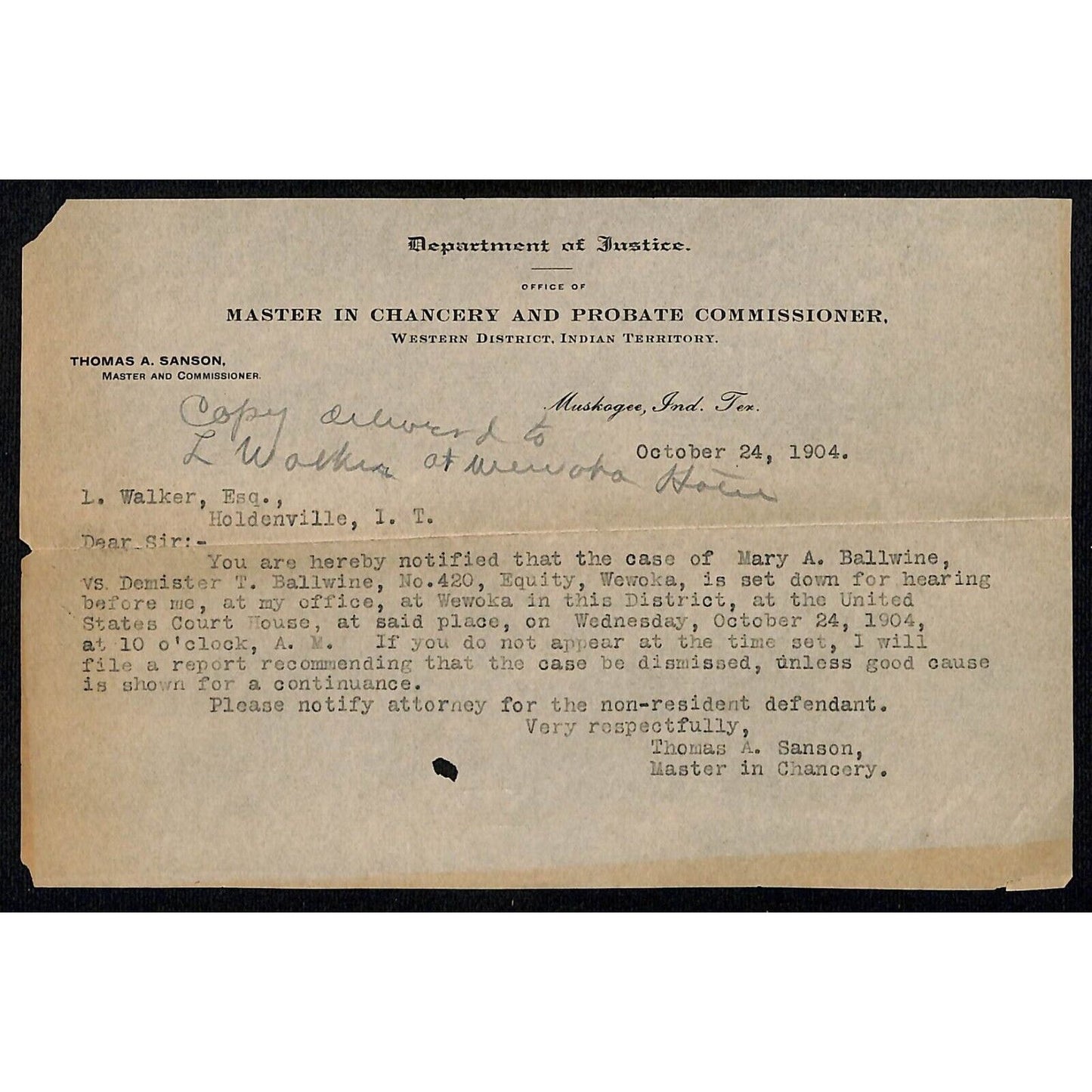 1904 Dept Justice Thomas A. Sanson Indian Territory Muskogee, OK Billhead
