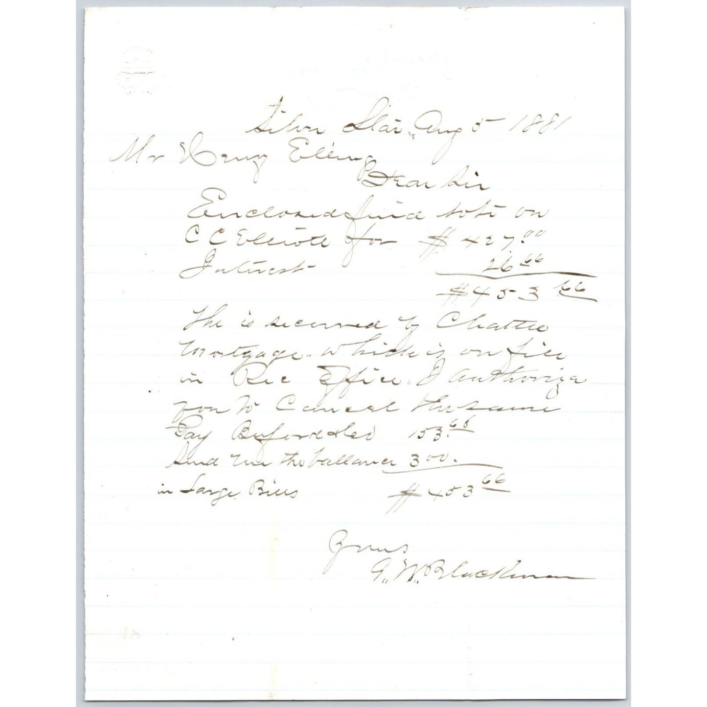 1881 ALS G.W. Blackman Silver Star, MT to Henry Elling* re: Payments