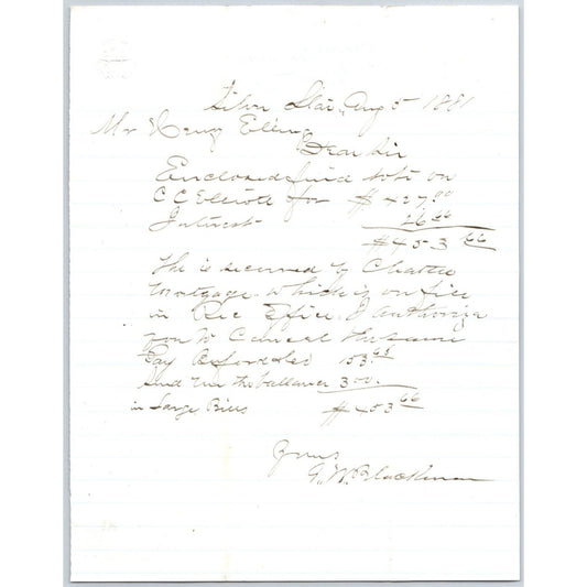 1881 ALS G.W. Blackman Silver Star, MT to Henry Elling* re: Payments