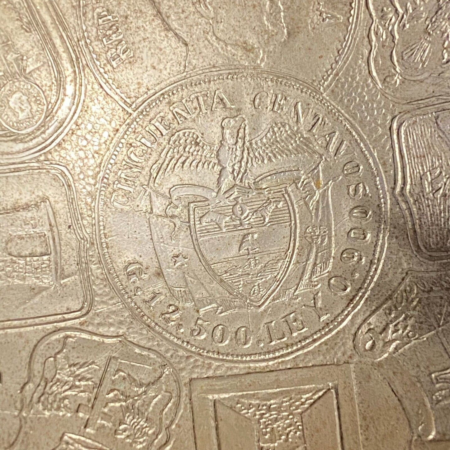 Mexican Cincuenta Centavos Art Metal Hammered Ash Tray 2 3/4" dia. 1 1/8" h