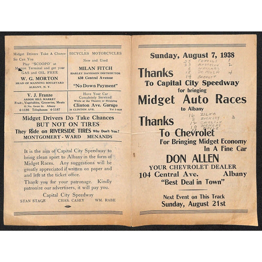 Capital City Speedway Albany, NY 1938 Midget Auto Race Program Sheet Very Scarce