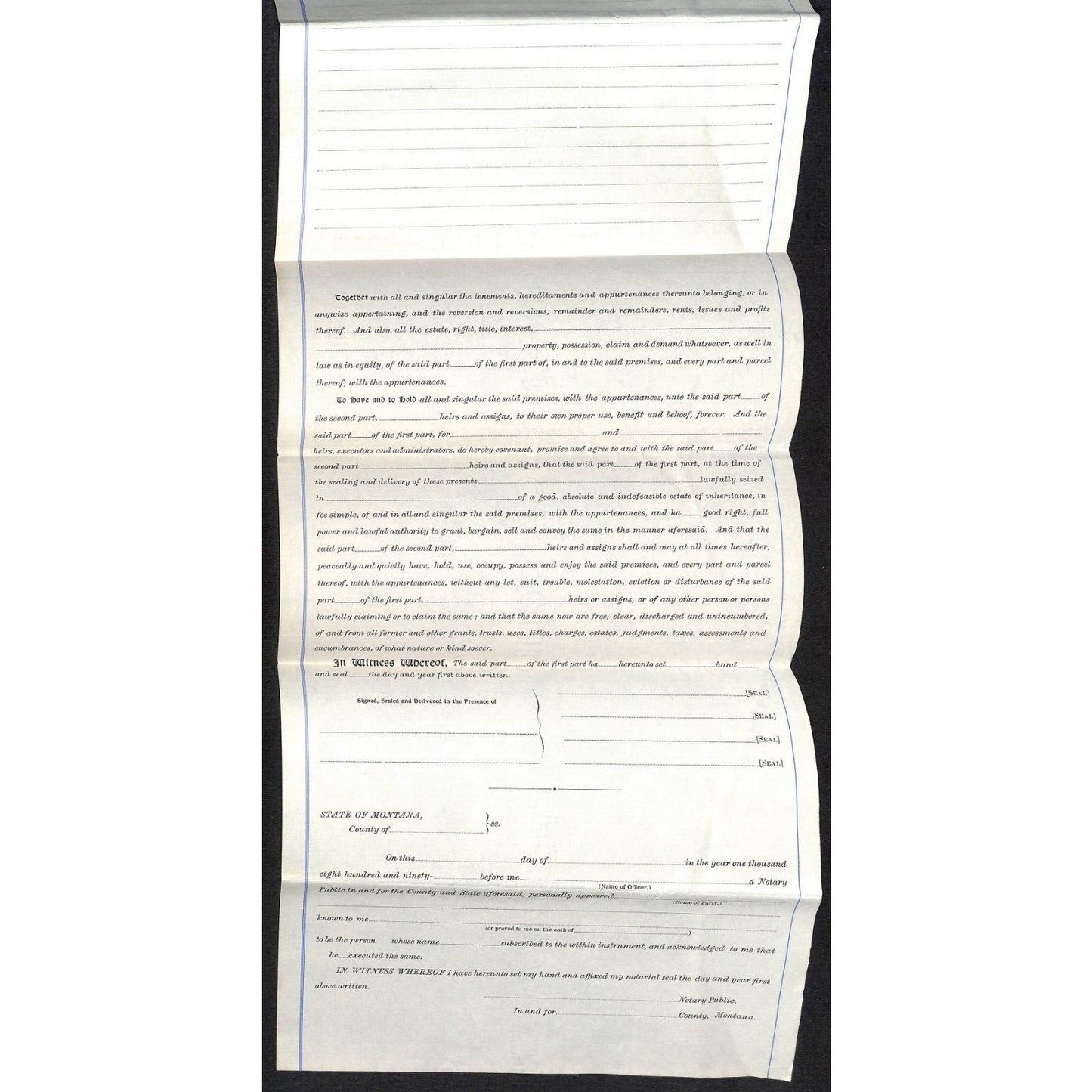 1890's 189x Unused Warranty Deed (Montana Printer) VGC