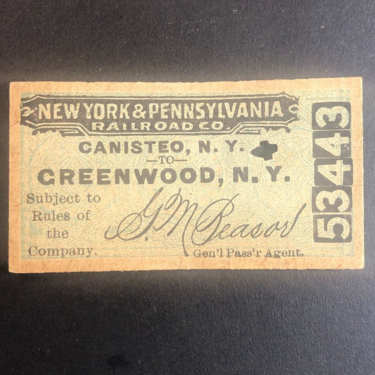 New York & Pennsylvania Railroad July 2 1917 Greenwood, NY Ticket #53443