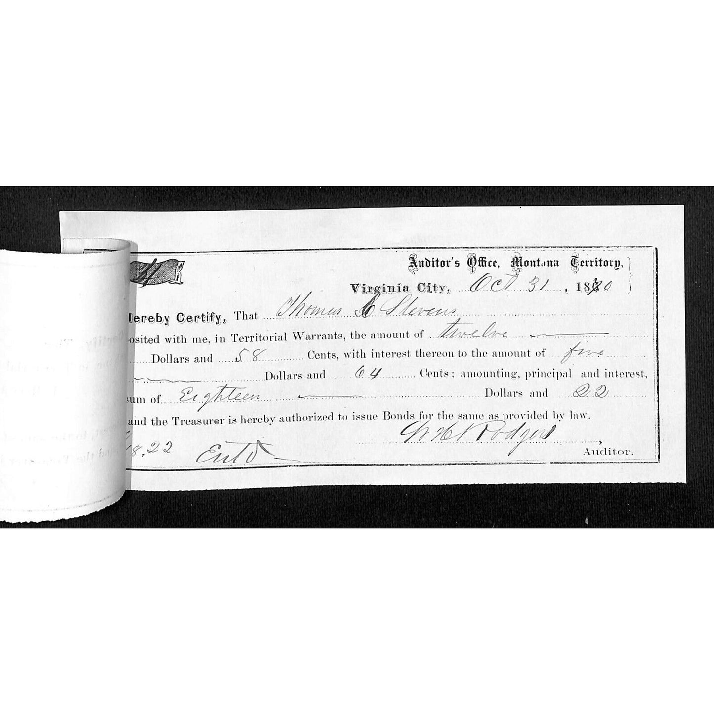 1870 Virginia City, MT Pair of Territorial Warrant Deposit Receipt Thom. Stevens