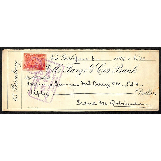 1899 Wells Fargo & Co Bank 63 Broadway NYC Check #18 Rev Stamp James McCreery ??