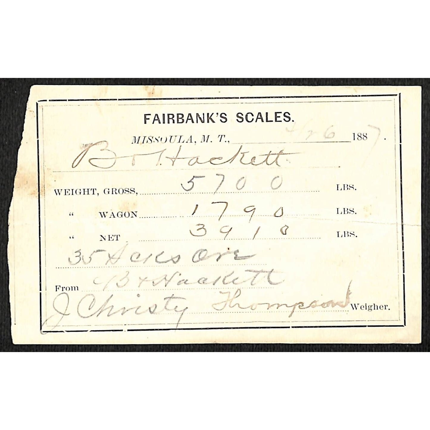 1887 Missoula Montana Territory Fairbank's Scales Mining Ore Weight Receipt (#8)