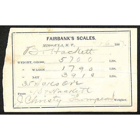 1887 Missoula Montana Territory Fairbank's Scales Mining Ore Weight Receipt (#8)