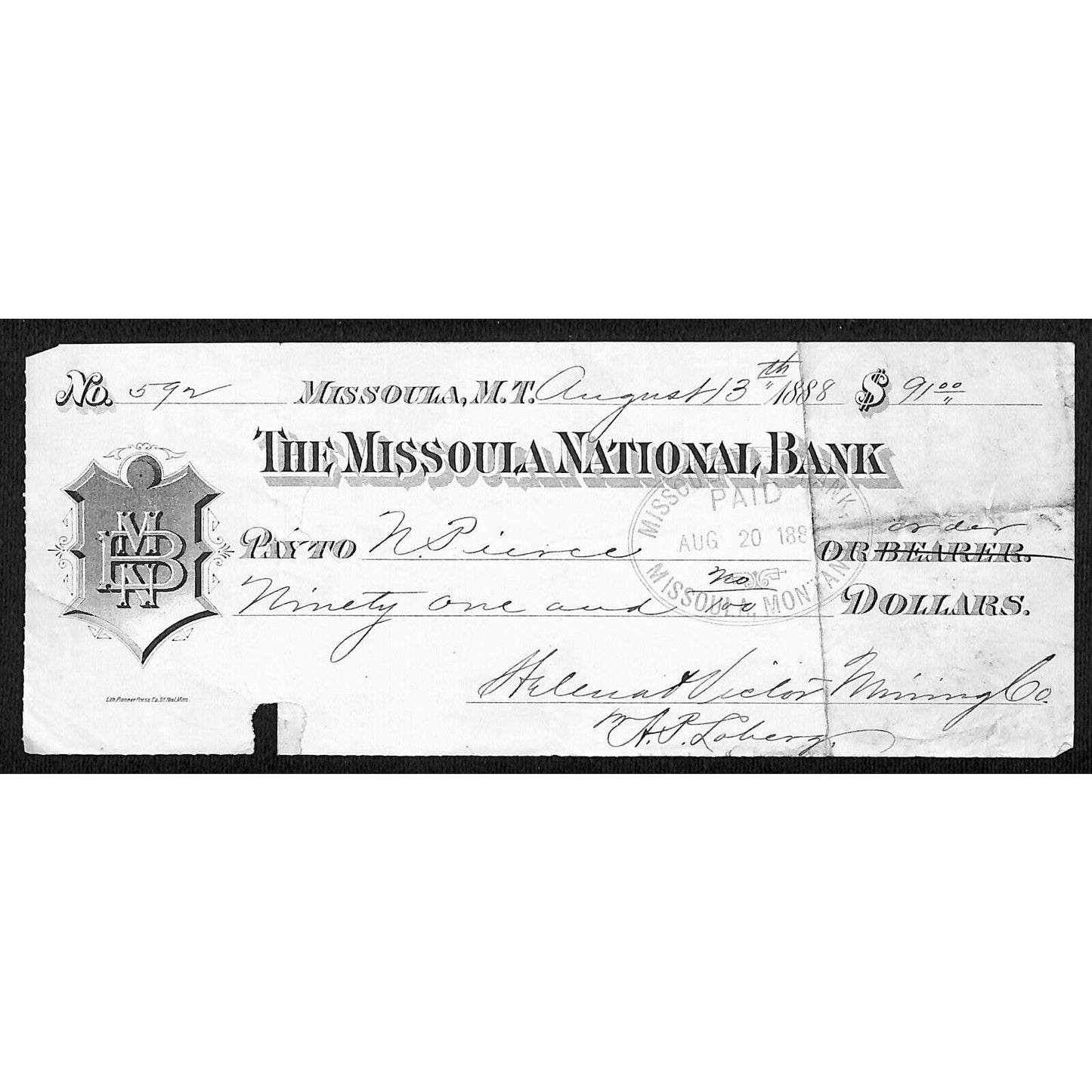 1888 Missoula National Bank Montana Territory Check Helena & Victor Mining #592