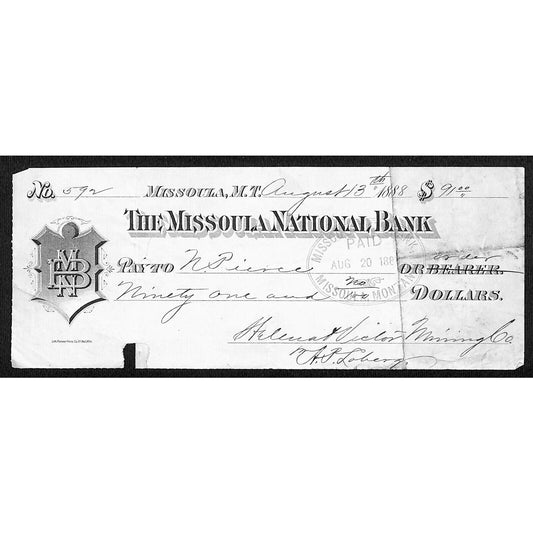 1888 Missoula National Bank Montana Territory Check Helena & Victor Mining #592