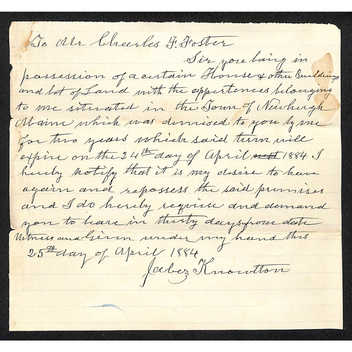 1884 Jabez Knowlton* Newburgh, ME Demand Letter of Intent to Repossess Property