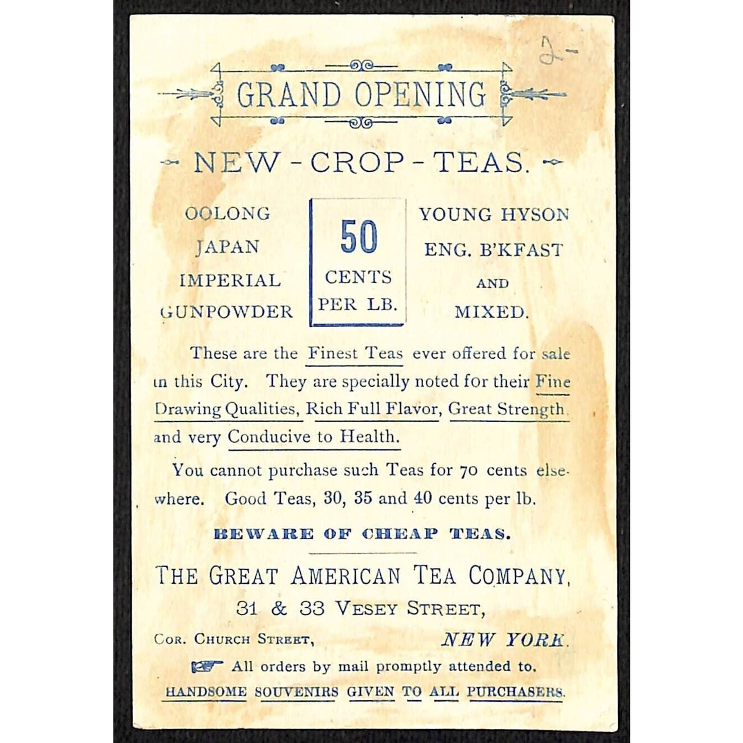 Great American Tea Co. A&P Vesey St NYC Victorian Trade Card Baby Face