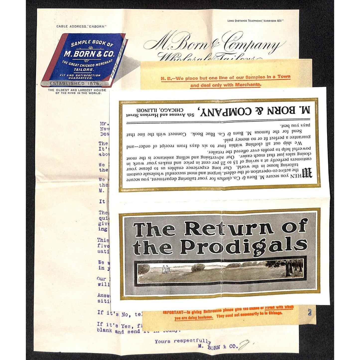 M. Born & Co. Wholesale Tailors Chicago 1910 Letterhead Order Form Cover VGC