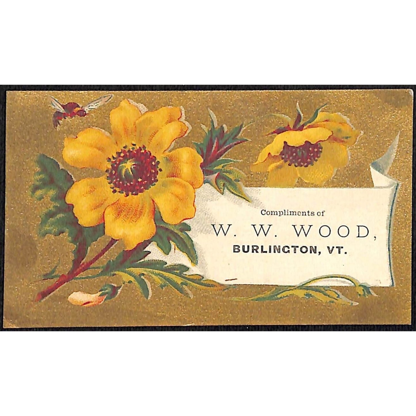 Burlington, VT W.W. Wood (Boots & Shoes) Victorian Trade Card VGC Floral Gilt