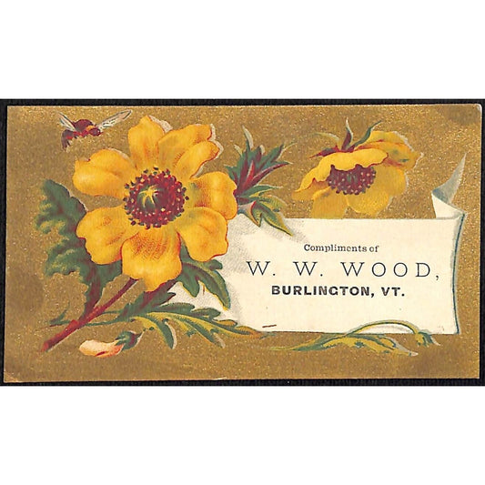 Burlington, VT W.W. Wood (Boots & Shoes) Victorian Trade Card VGC Floral Gilt