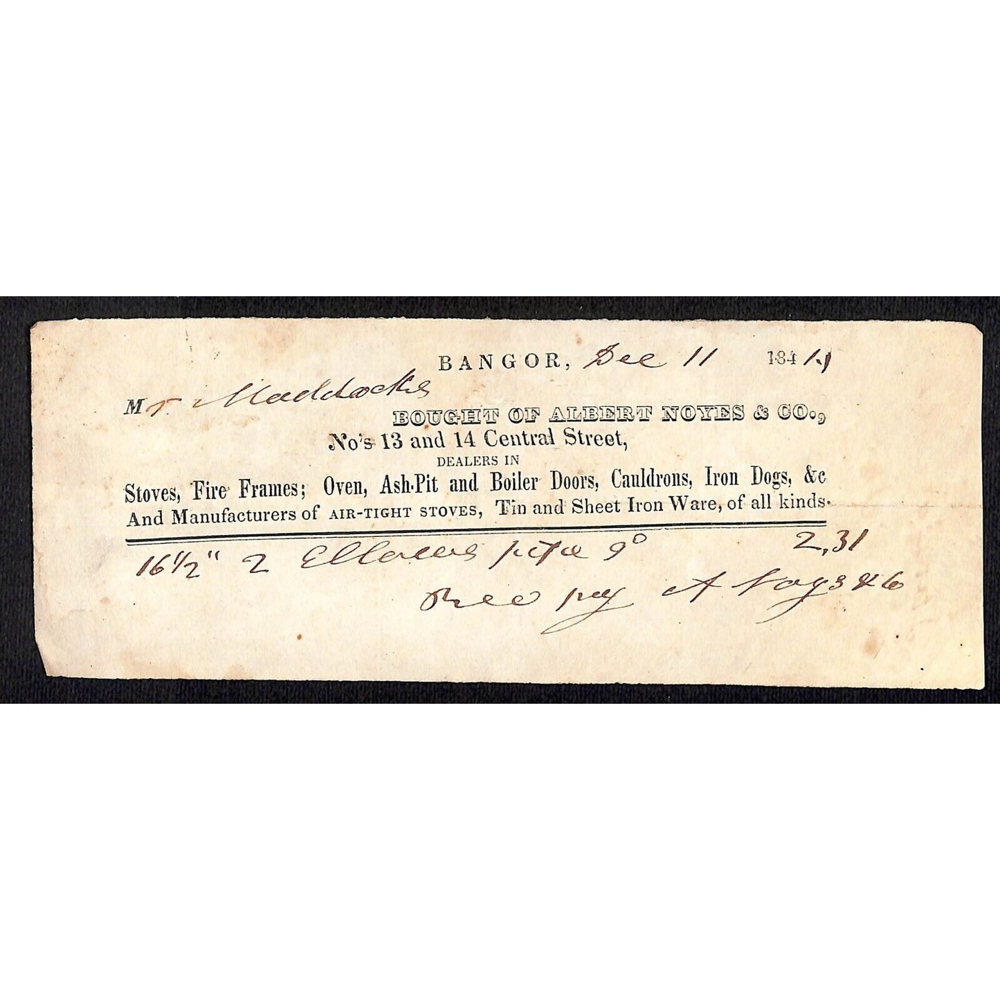 1844 Jabez Knowlton* Newburgh, ME Albert Noyes & Co Stoves Tin Iron Sheet Bangor
