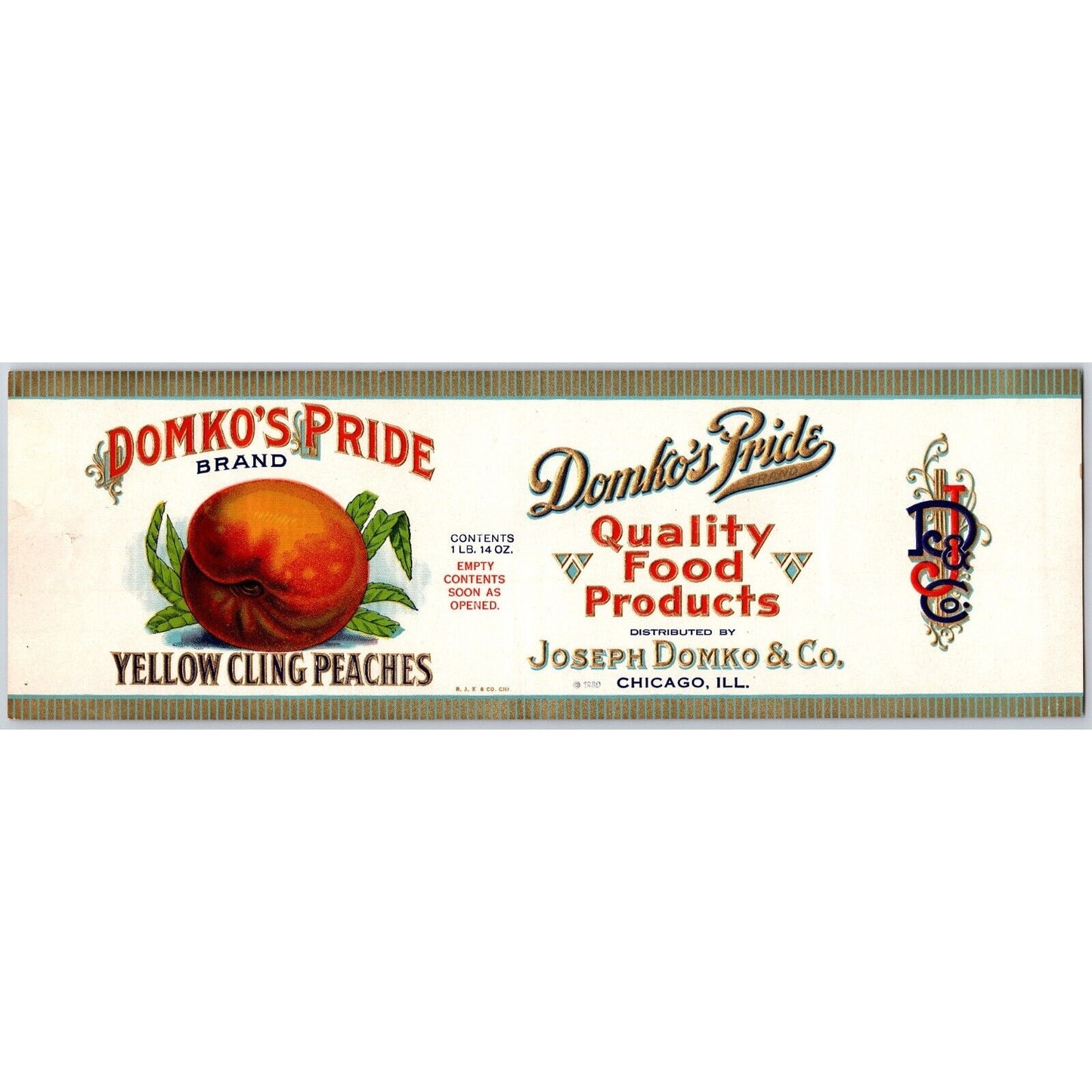 Domko's Pride Yellow Cling Peaches Paper Can Label Chicago c1930's-40's Embossed