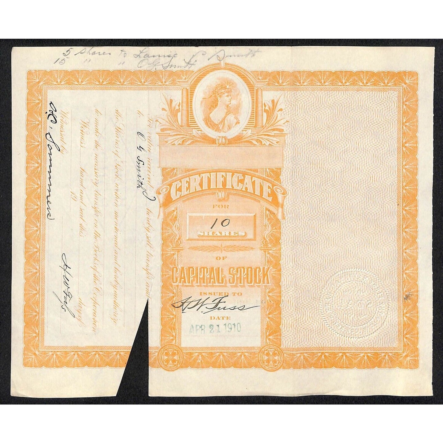 First National Bank of Lovelock, NV 1910 Stock Certificate to H.W. Fuss *