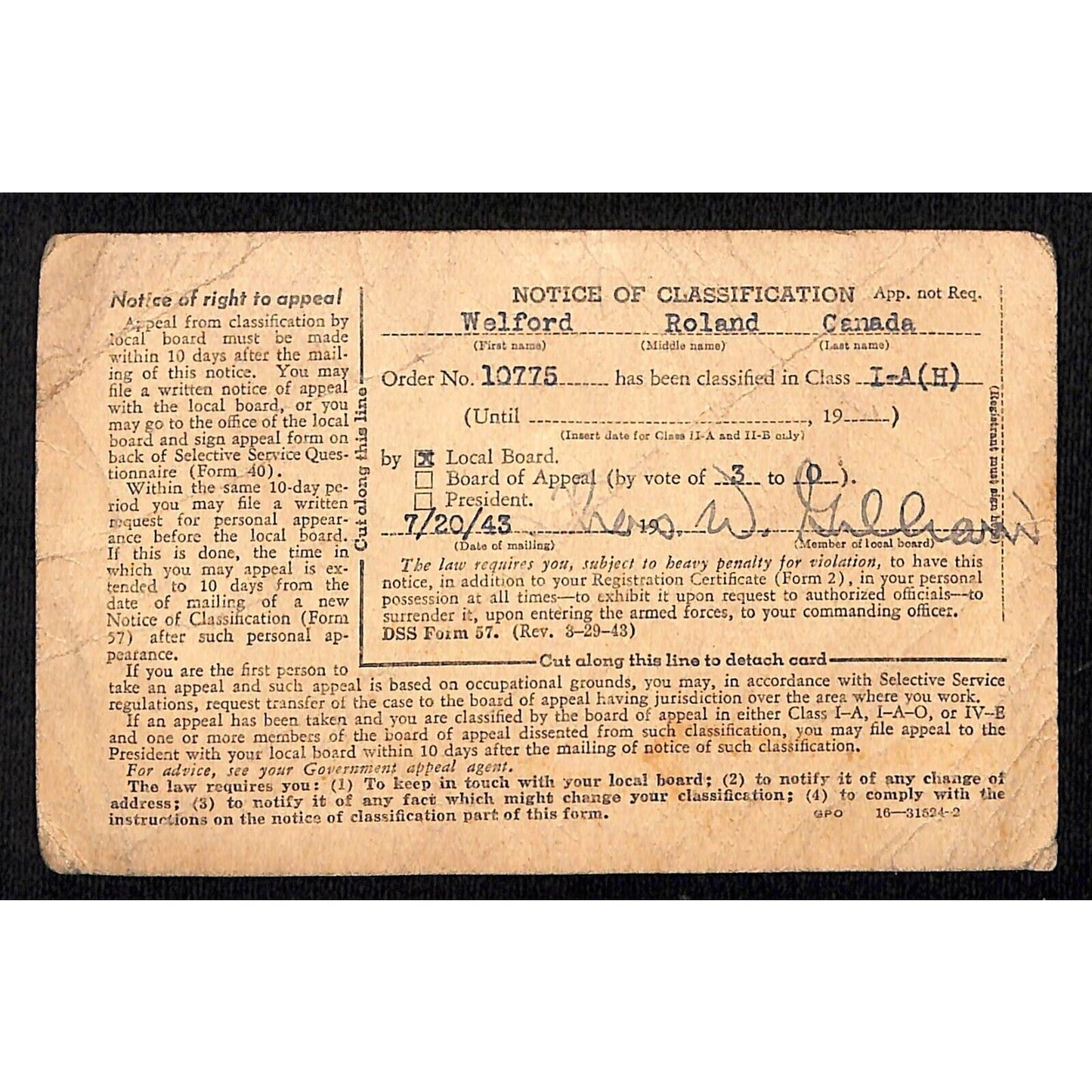 1943 WWII Draft "Notice of Classification" Postcard Lynchburg, VA