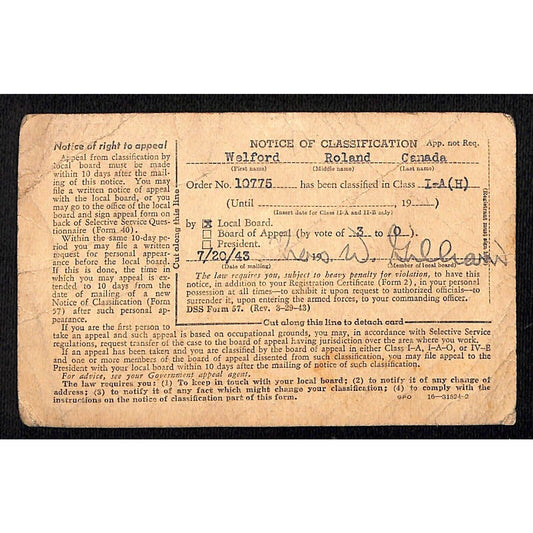 1943 WWII Draft "Notice of Classification" Postcard Lynchburg, VA