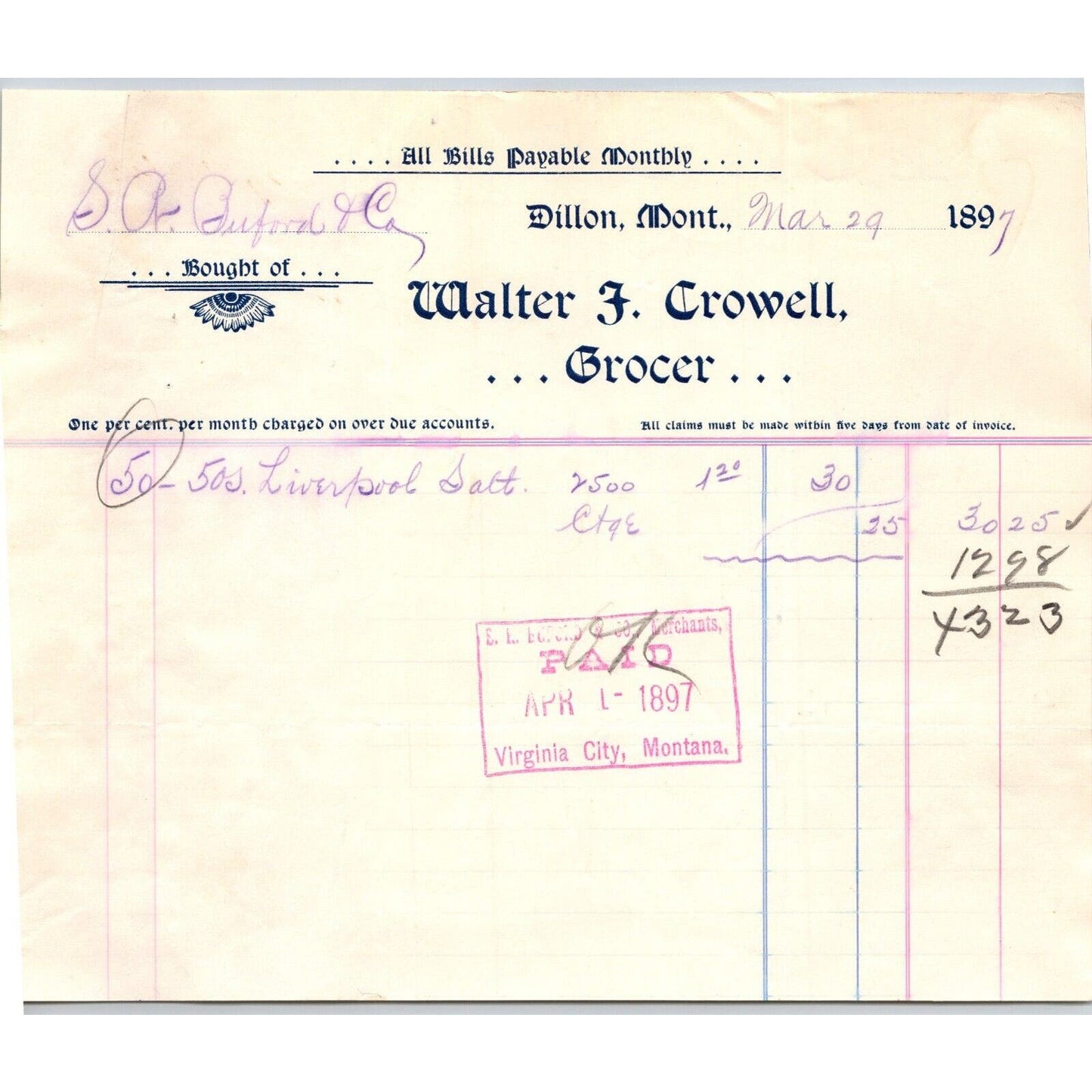 Dillon, MT Walter J. Crowell 1897 Grocers Billhead - S.R. Buford* Virginia City