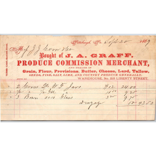 J.A. Graff Produce Merchant Liberty St. Pittsburgh 1869 Billhead Scarce