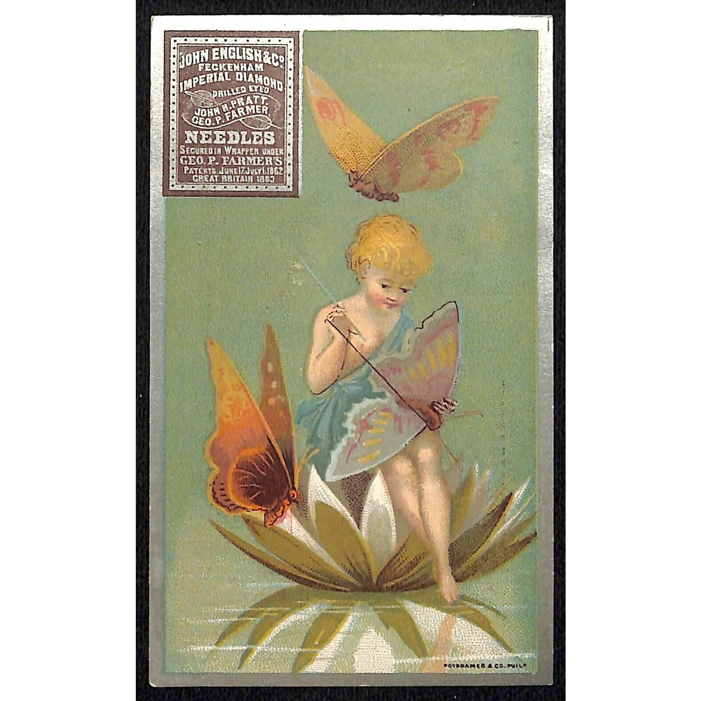 John English Needles / Edward Barlow Dry Goods Victorian Trade Card Butterfly