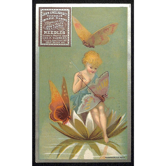John English Needles / Edward Barlow Dry Goods Victorian Trade Card Butterfly