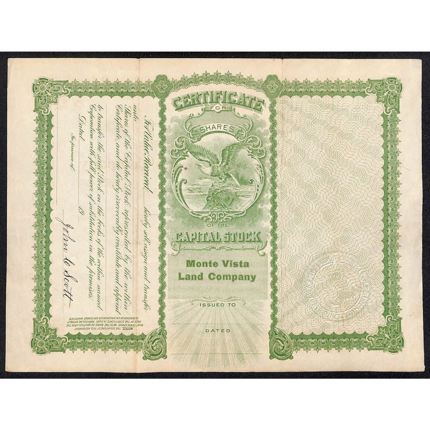 Monte Vista Land Company 1909 Stock Certificate #20 to J.C. Scott (President)