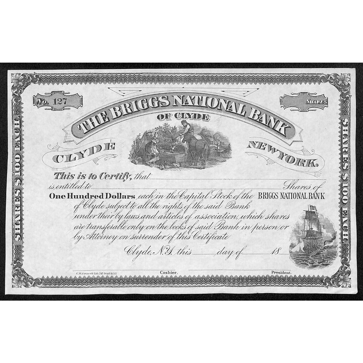 The Briggs National Bank of Clyde NY c1880* Stock Certificate Unissued #127