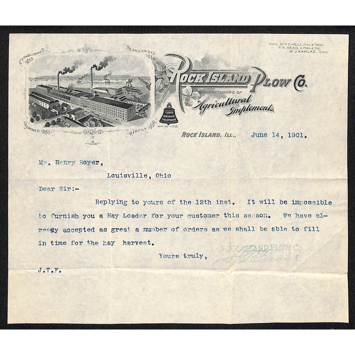 Rock Island Plow Co. Illinois 1901 Letterhead Bell System / Vignette