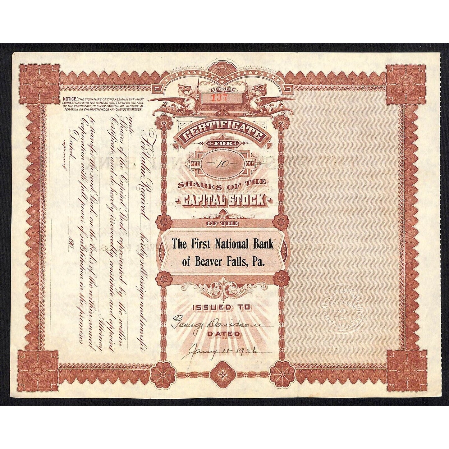 First National Bank of Beaver Falls PA 1906 Stock Certificate to George Davidson