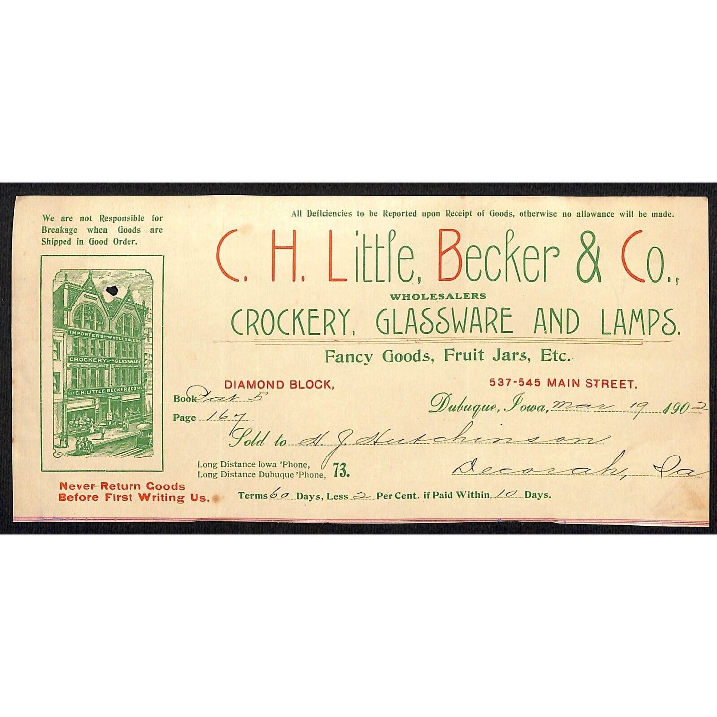 C.H. Little, Becker Co. Dubuque HJ Hutchinson Decorah, IA* Cut 1902 Billhead