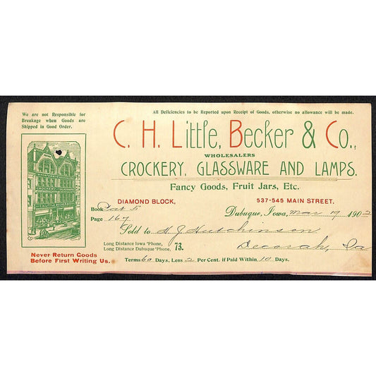 C.H. Little, Becker Co. Dubuque HJ Hutchinson Decorah, IA* Cut 1902 Billhead