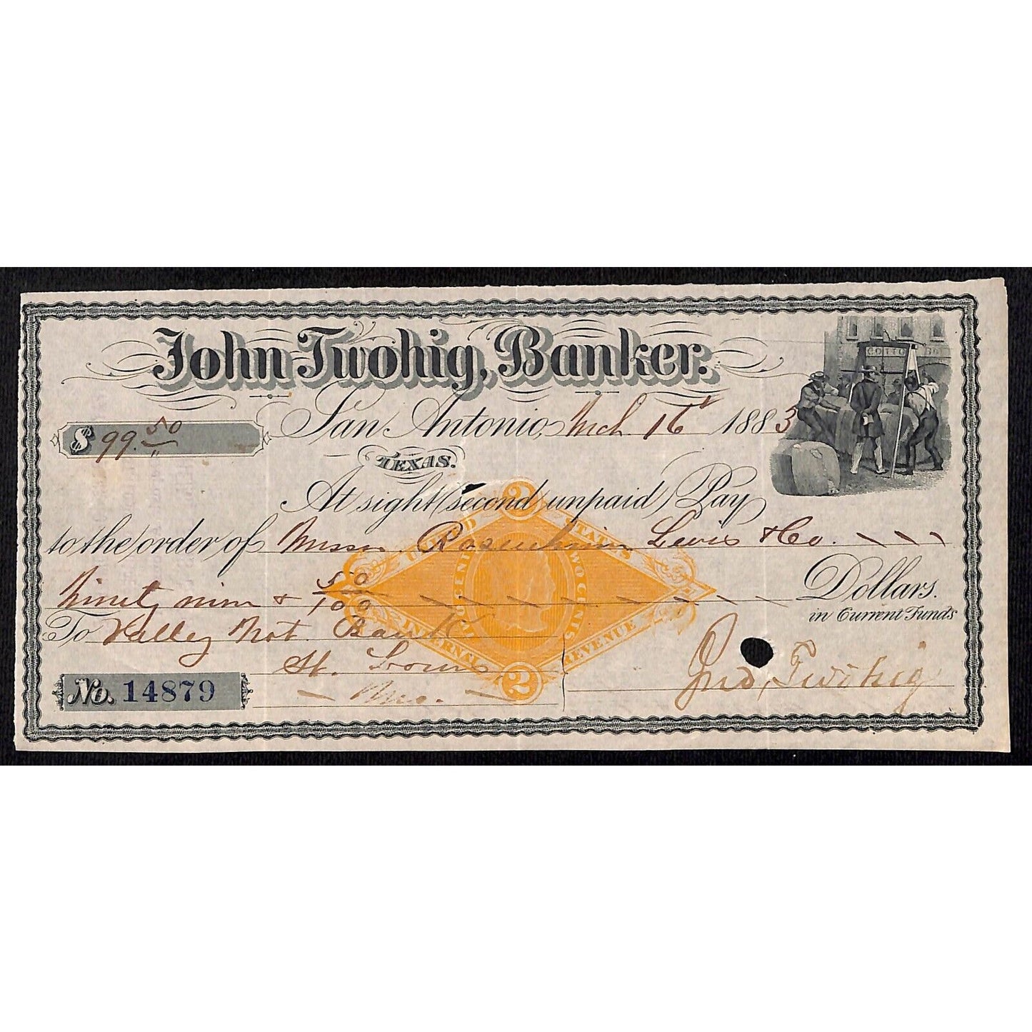 John Twohig, Banker San Antonio 1883 Bank Check w/ Rev Stamp & Vignette Scarce