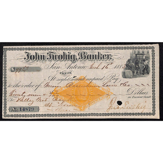 John Twohig, Banker San Antonio 1883 Bank Check w/ Rev Stamp & Vignette Scarce