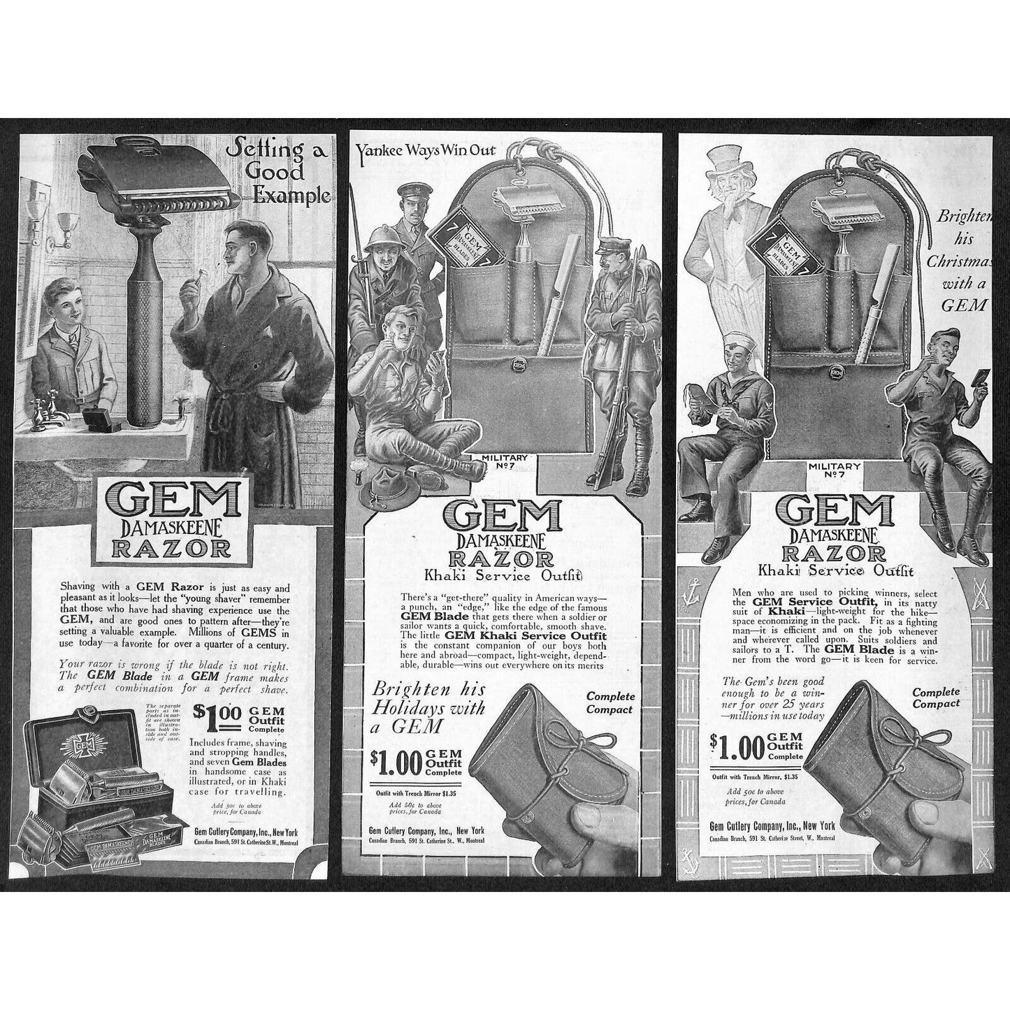 GEM Razor Blades Shaving Damaskeene Group of 22 WWI Era Magazine Ads