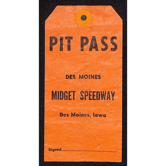 Des Moines Midget Speedway Pit Pass Auto Racing c1940-41 Scarce