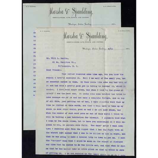 1904 Marsha Spaulding Live Stock Cotton Indian Territory Muskogee 2pp Letterhead
