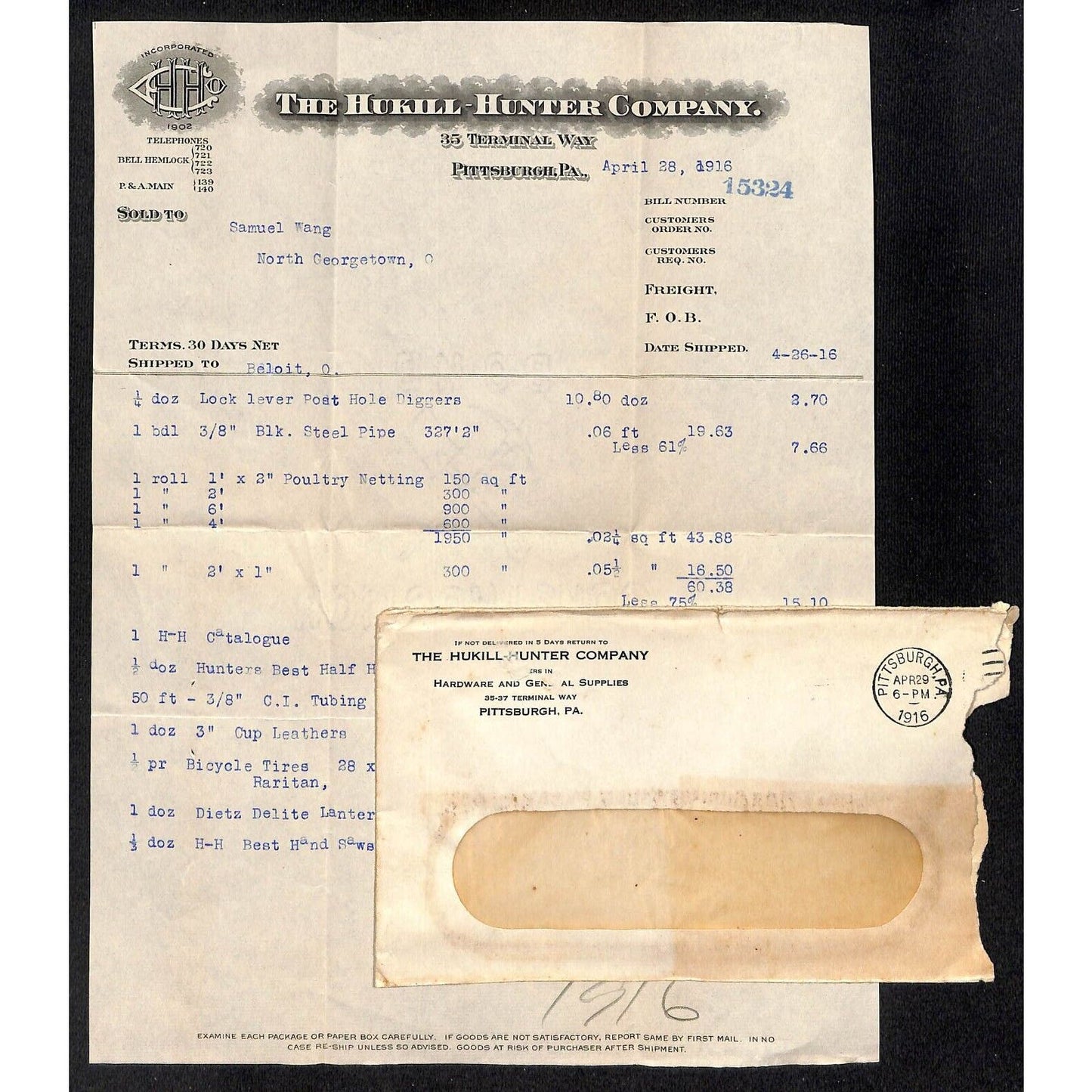 Hukill-Hunter Co. Pitts. Samuel Wang Co* North Georgetown 1916 Billhead & Cover