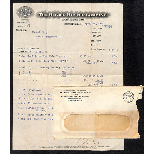 Hukill-Hunter Co. Pitts. Samuel Wang Co* North Georgetown 1916 Billhead & Cover