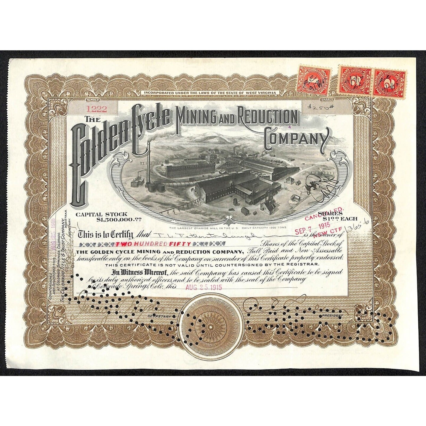 Golden Cycle Mining 1915 Stock Certificate w/ A.E. Carlton Sig. #1222