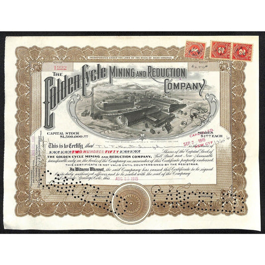 Golden Cycle Mining 1915 Stock Certificate w/ A.E. Carlton Sig. #1222