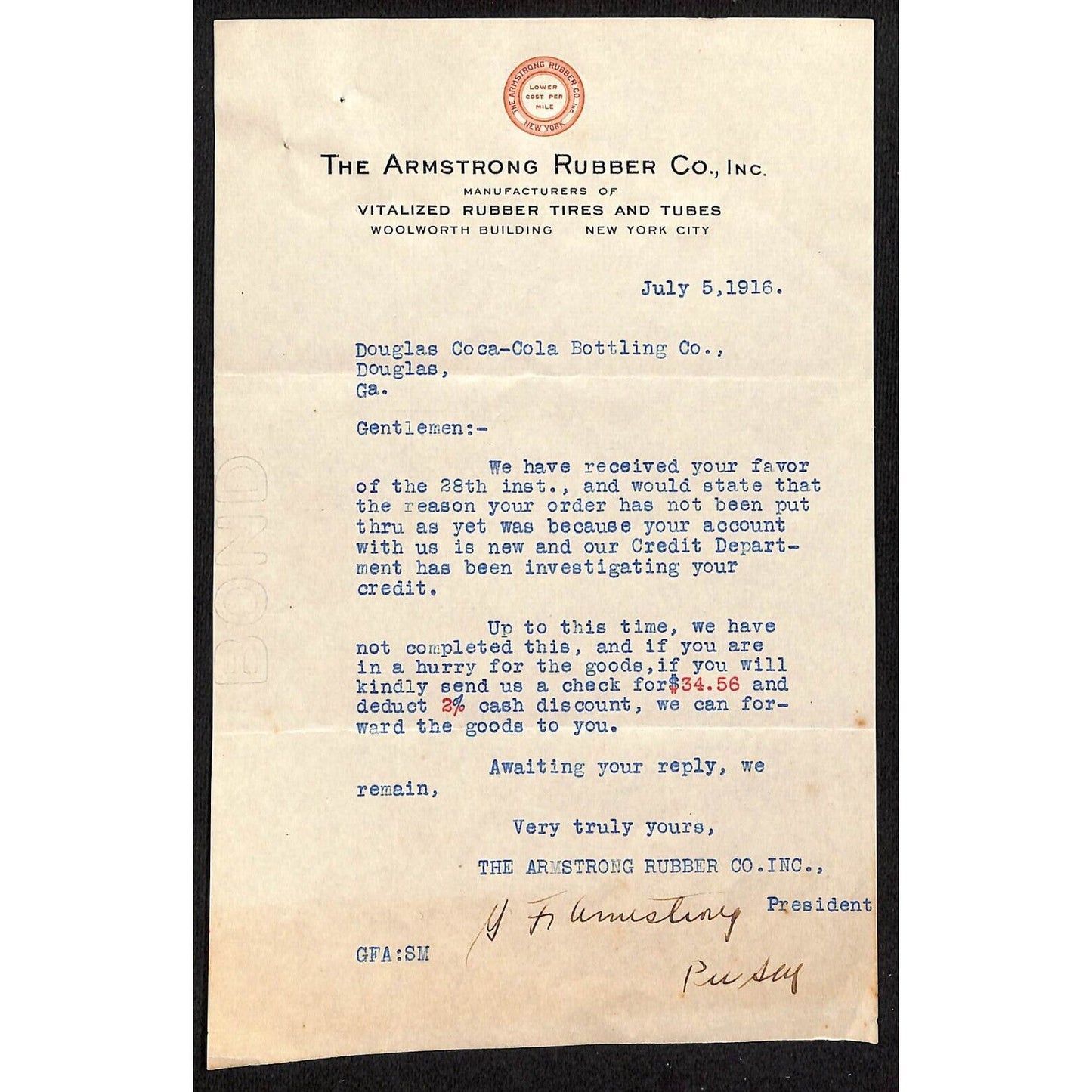 Armstrong Rubber Co. Tires Tubes NYC 1916 TLS Letterhead Douglas Coca-Cola