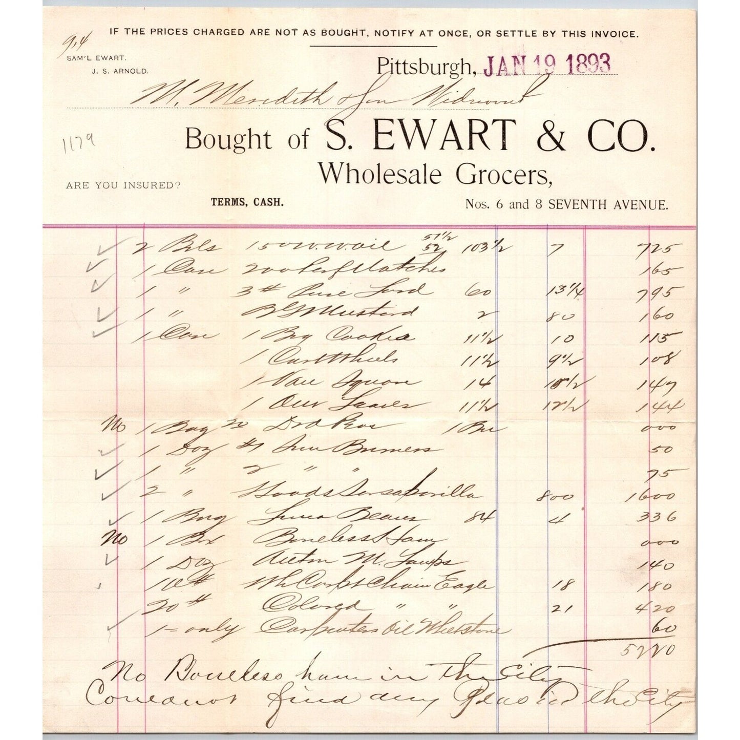 S. Ewart & Co. Grocers Seventh Ave. Pittsburgh 1893 Billhead VGC Scarce