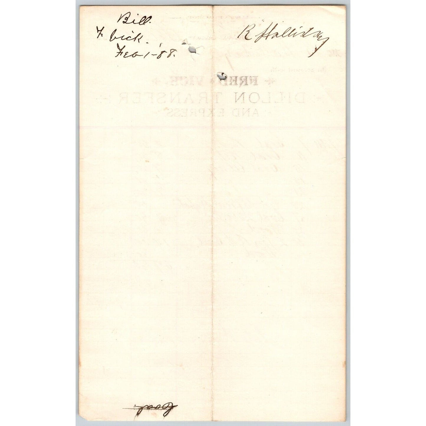 Dillon MT Fred Vick Dillon Transfer and Express 1888 Billhead R.C. Halliday*